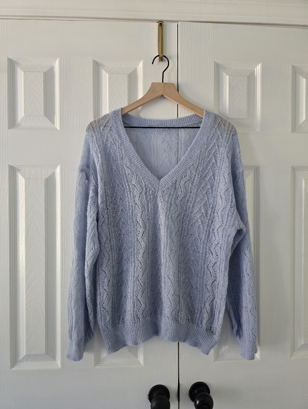 Cider Soft Pastel Blue V-Neck Cable Knit Sweater